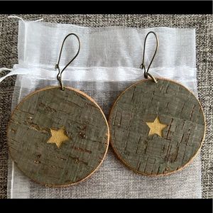 Faux Cork Leather Round Wood Earrings